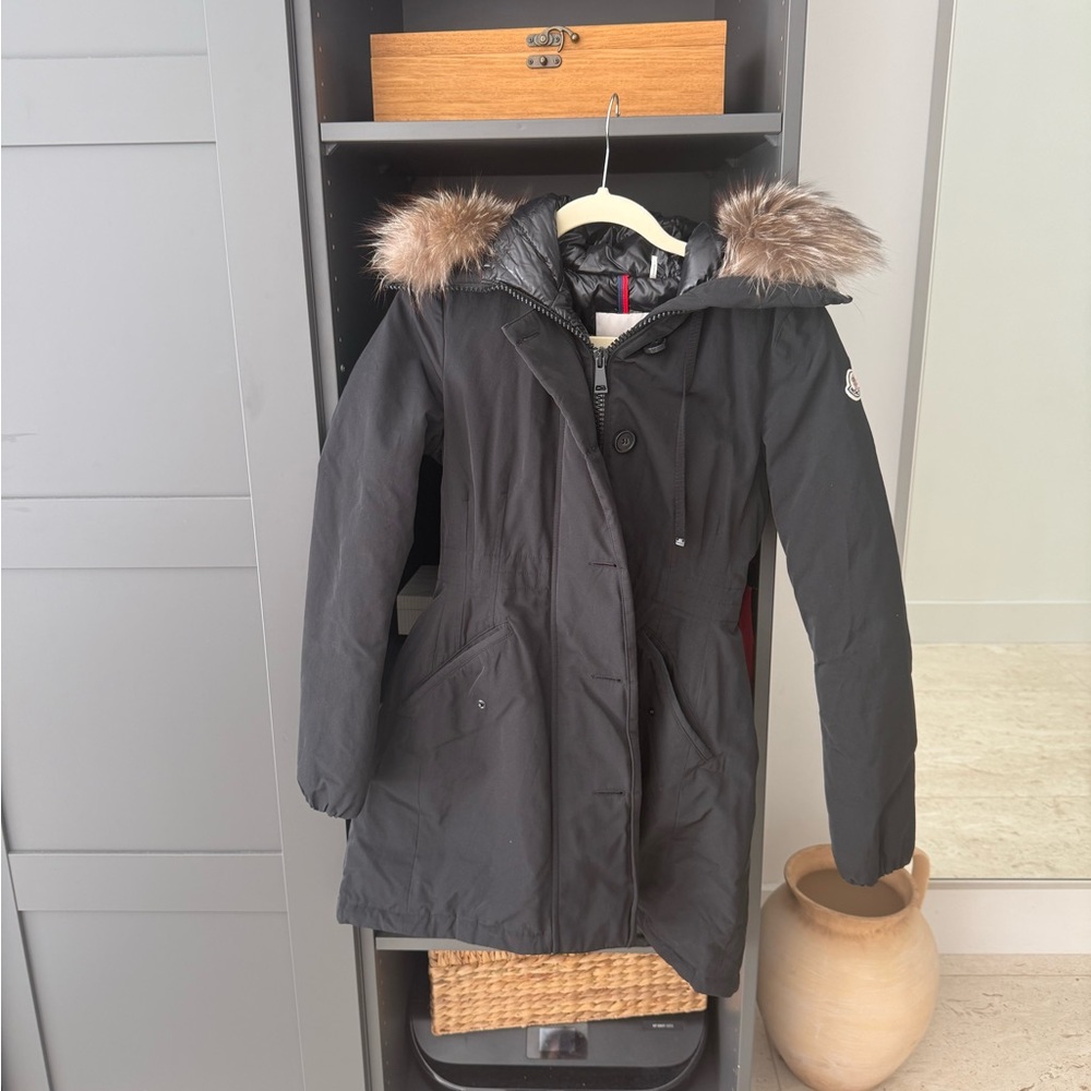 Moncler Black Quilted Jacket with Fur Trim